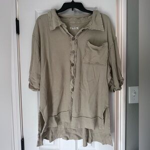 We The Free Oversized Taupe Short Sleeve Button Up